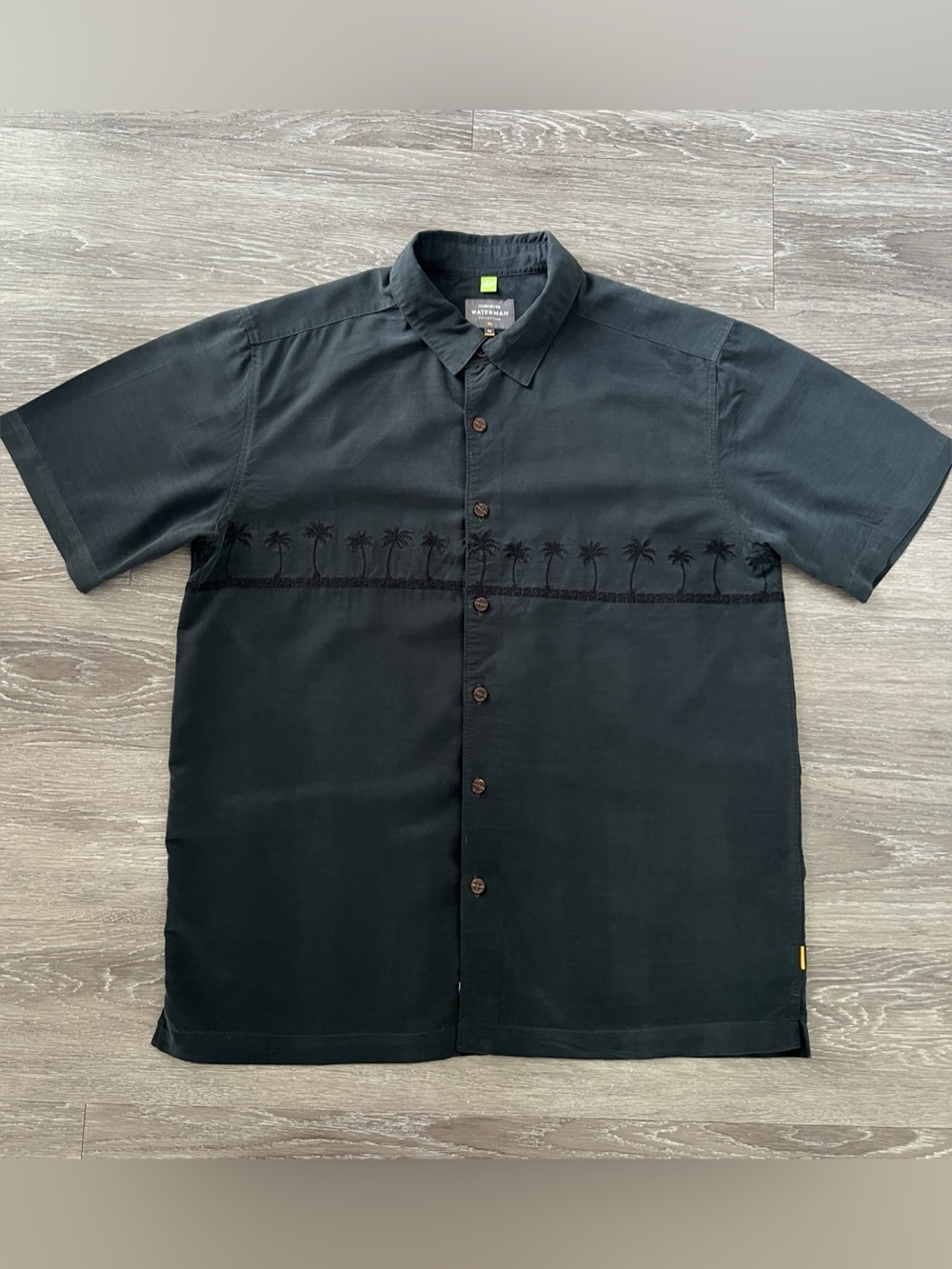 Quiksilver Waterman Tahiti Palms Black Embroidered Shirt Men M Modal
